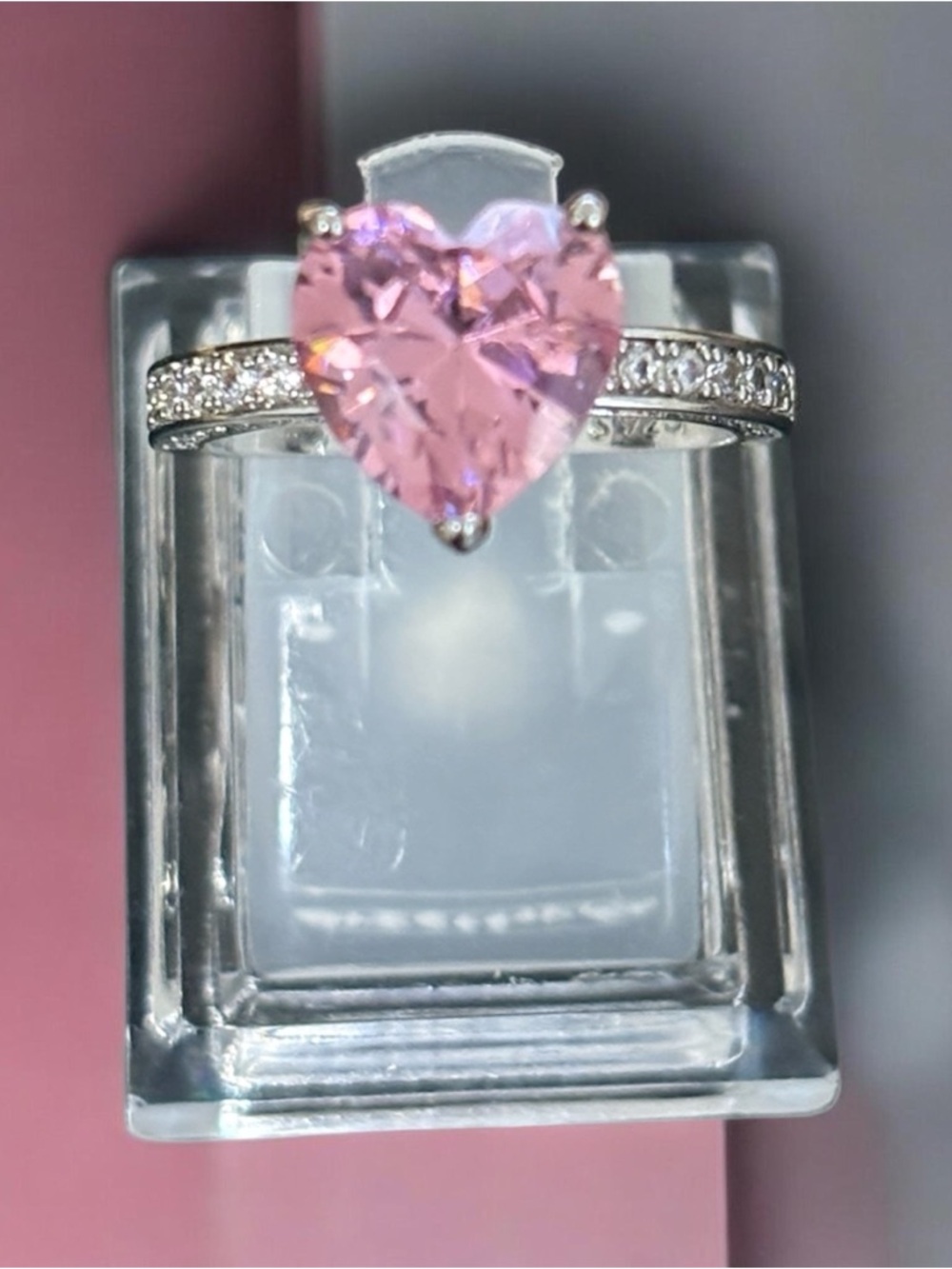 Silver Ring with Heart-Shaped Pink Stone and Pavé Band
